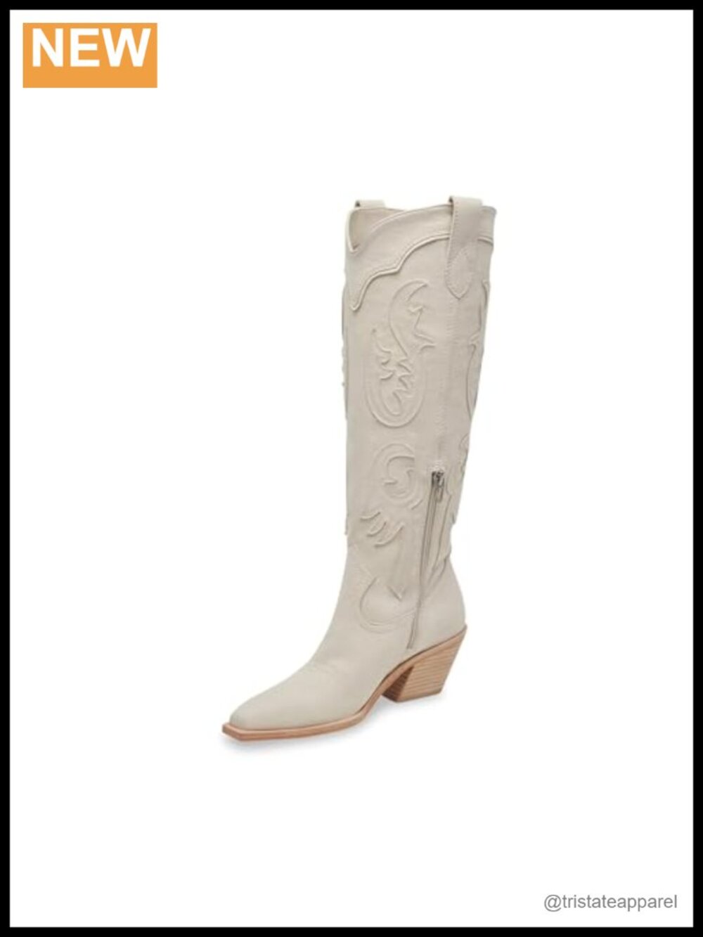Western Knee-High Boots, Block Heel, Pull-On, Ivory Nubuck